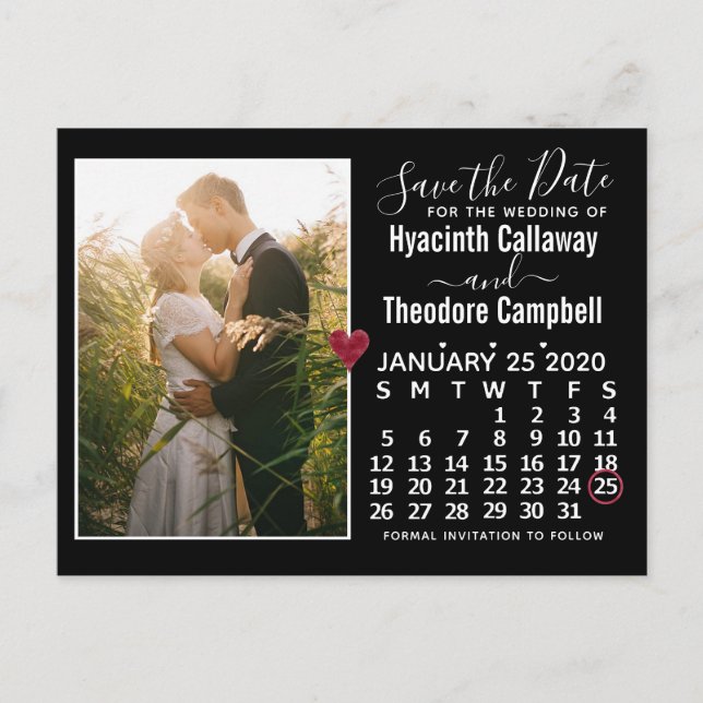 Wedding Save the Date January 2020 Calendar Photo Invitation Postcard (Front)