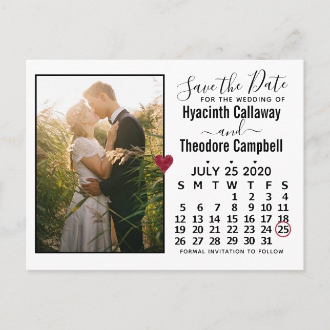 Wedding Save the Date July 2020 Calendar Photo Invitation Postcard (Front)