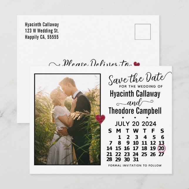Wedding Save the Date July 2024 Calendar Photo Invitation Postcard (Front/Back)