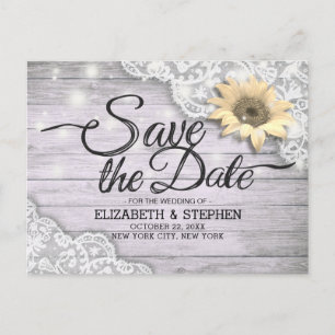 Wedding Save The Date Lace Sunflower Wood Lights Announcement Postcard