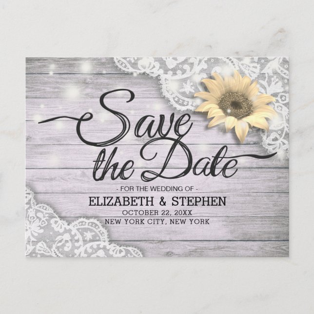 Wedding Save The Date Lace Sunflower Wood Lights Announcement Postcard (Front)