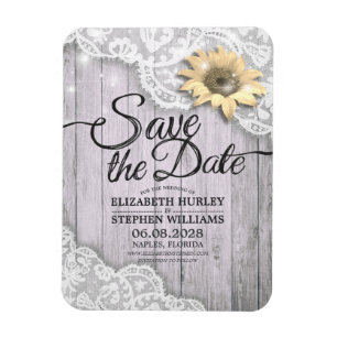 Wedding Save The Date Lace Sunflower Wood Lights Magnet