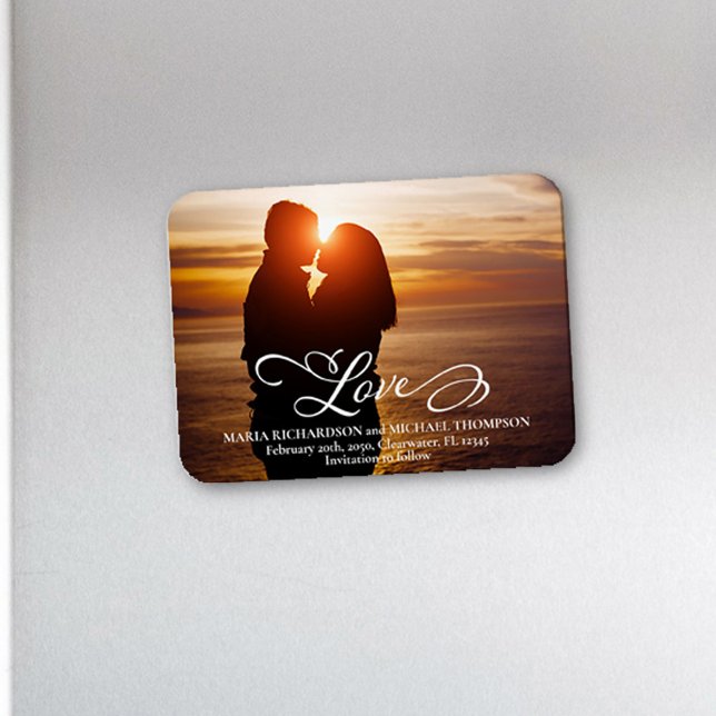 Wedding Save the Date Love Script Photo Magnet (Save the Date photo magnet with creative "Love" calligraphy typography. )