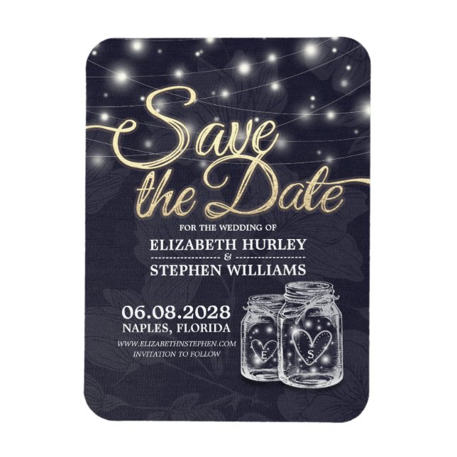 Wedding Save The Date Mason Jar String Lights Blue Magnet (Vertical)