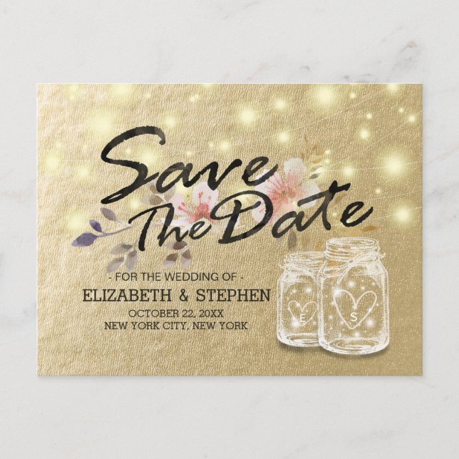 Wedding Save The Date Mason Jar String Lights Gold Announcement Postcard (Front)