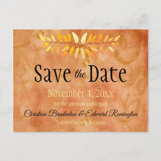 Wedding Save The Date Minimal Autumn Leaves Announcement Postcard (Front)