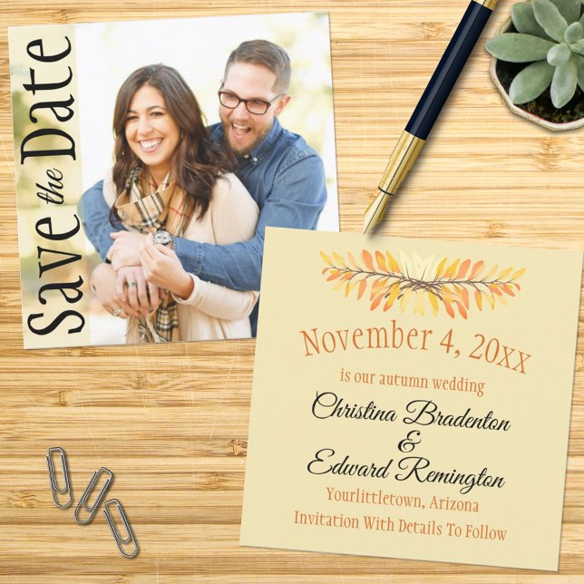 Wedding Save The Date Minimal Rustic Leaves Photo Announcement (Front and Back square template design save the date announcement)