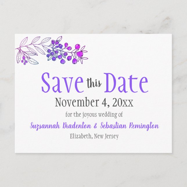 Wedding Save The Date Minimalist Purple Berries Announcement Postcard (Front)