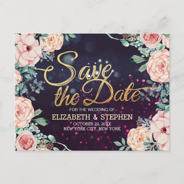 Wedding Save The Date Modern Floral Purple Sparkle Announcement Postcard (Front)