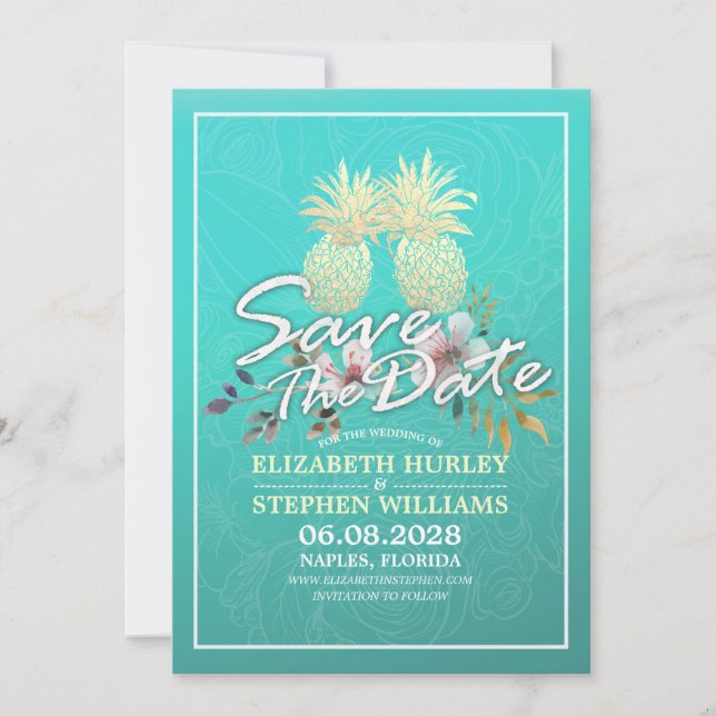 Wedding Save The Date Modern Gold Pineapple Couple (Front)