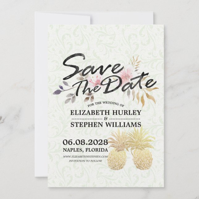 Wedding Save The Date Modern Gold Pineapple Couple (Front)