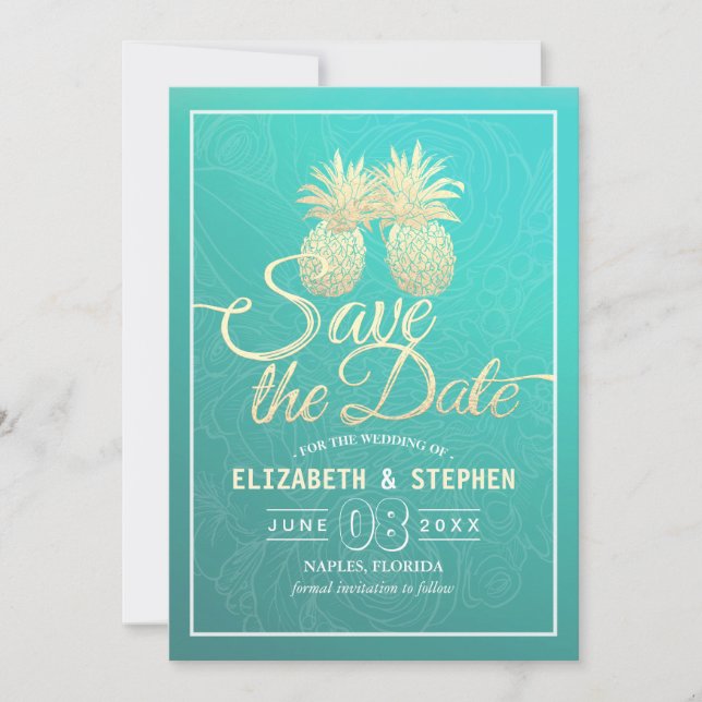 Wedding Save The Date Modern Gold Pineapple Couple (Front)