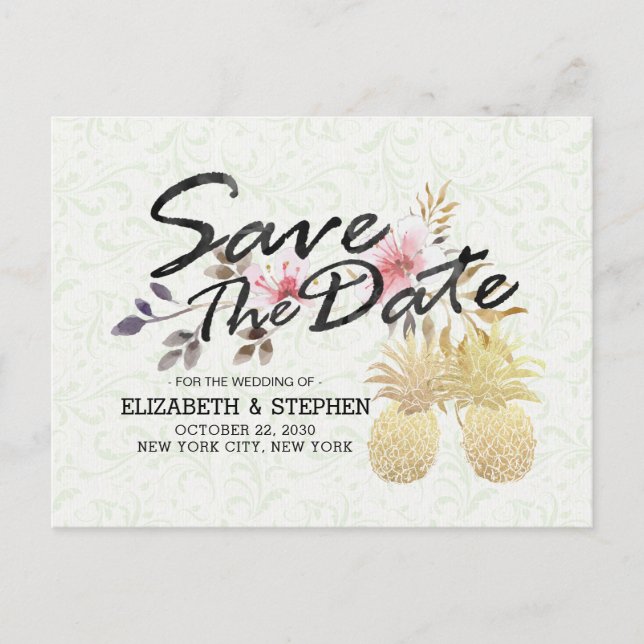 Wedding Save The Date Modern Gold Pineapple Couple Announcement Postcard (Front)
