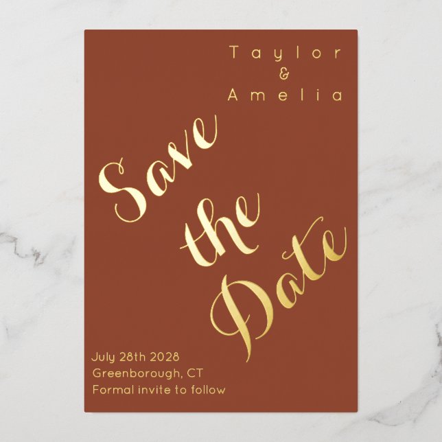Wedding Save the Date Modern Terracotta Real Gold (Front)