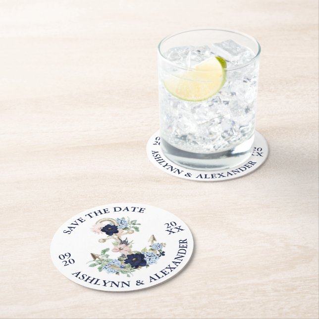 Wedding SAVE THE DATE Nautical Anchor Floral Round Paper Coaster (Insitu)
