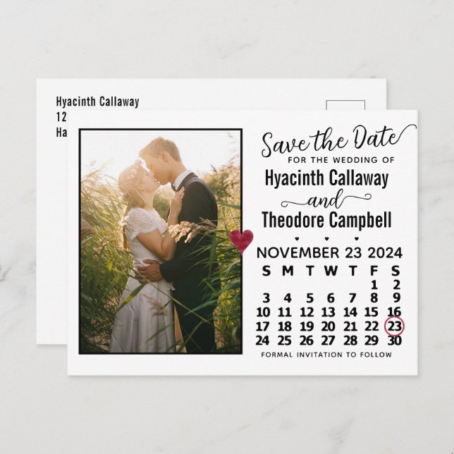 Wedding Save the Date November 2024 Calendar Photo Invitation Postcard (Front/Back)
