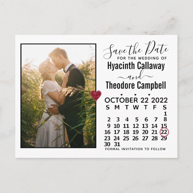 Wedding Save the Date October 2022 Calendar Photo Invitation Postcard (Front)