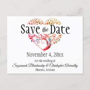 Wedding Save The Date Orange Burgundy Tree Heart Announcement Postcard