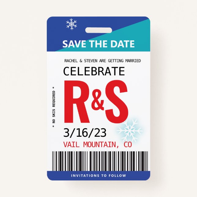Wedding Save the Date Original Ski Lift Ticket ID Badge (Front)