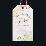 Wedding Save the Date Pencil Us In Gold Frills Gift Tags<br><div class="desc">These beautiful gift tags are designed to accompany wedding save the date favours such as pencils or calendars. They feature a beautiful gold and white design with lace frills in the corners and fancy script calligraphy reading Save the Date with the names of the couple, wedding date and location. The...</div>
