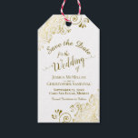 Wedding Save the Date Pencil Us In Gold Frills Gift Tags<br><div class="desc">These beautiful gift tags are designed to accompany wedding save the date favours such as pencils or calendars. They feature a beautiful gold and white design with lace frills in the corners and fancy script calligraphy reading Save the Date with the names of the couple, wedding date and location. The...</div>
