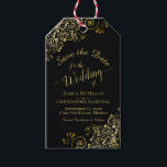 Wedding Save the Date Pencil Us In Gold on Black Gift Tags<br><div class="desc">These beautiful gift tags are designed to accompany wedding save the date favours such as pencils or calendars. They feature a beautiful gold and black design with lace frills in the corners and fancy script calligraphy reading Save the Date with the names of the couple, wedding date and location. The...</div>