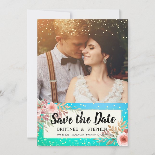 Wedding Save The Date Photo Floral Teal Gold Dots (Front)