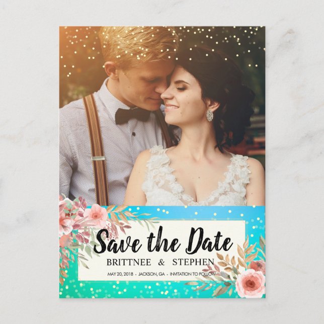 Wedding Save The Date Photo Floral Teal Gold Dots Announcement Postcard (Front)