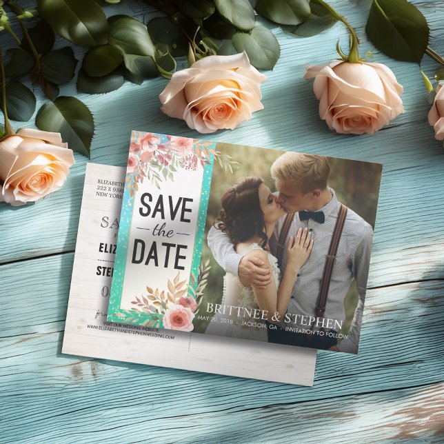Wedding Save The Date Photo Floral Teal Gold Dots Announcement Postcard (Creator Uploaded)