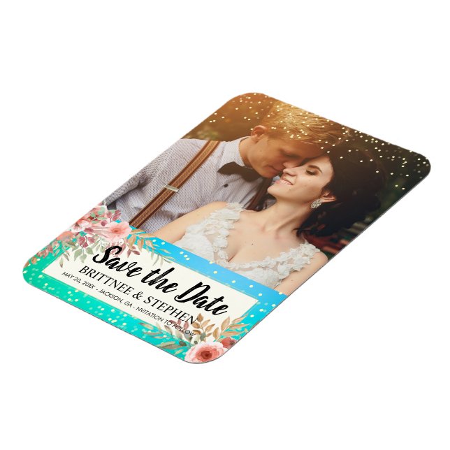 Wedding Save The Date Photo Floral Teal Gold Dots Magnet (Left Side)
