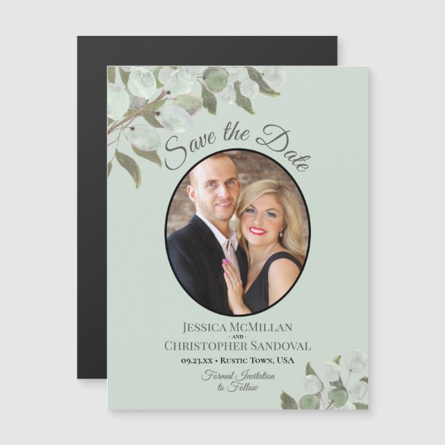 Wedding Save the Date Photo & Greenery Mint Magnetic Invitation (Front/Back)