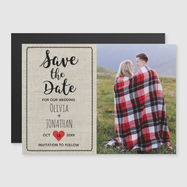 Wedding Save the Date Photo Rustic Linen Heart Magnetic Invitation (Front/Back)