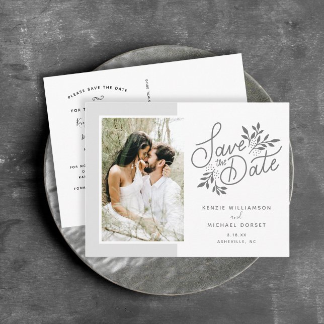 Wedding Save the Date Photo Script Botanical Grey Postcard (Creator Uploaded)