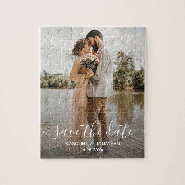 Wedding Save the Date Photo Script Calligraphy Jigsaw Puzzle (Vertical)