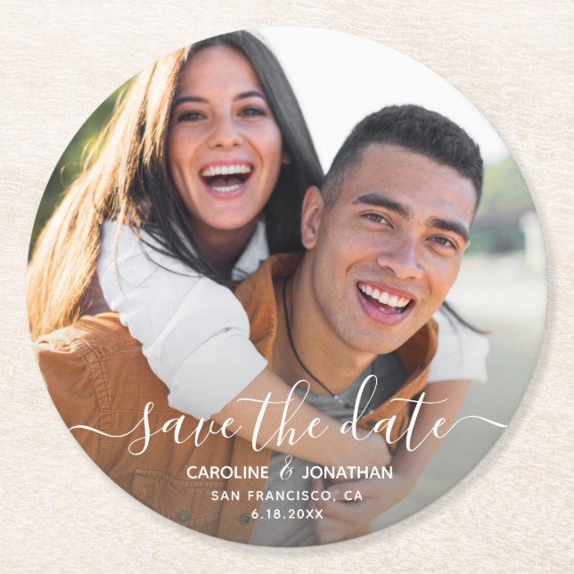 Wedding Save the Date Photo Script Calligraphy Round Paper Coaster (Front)
