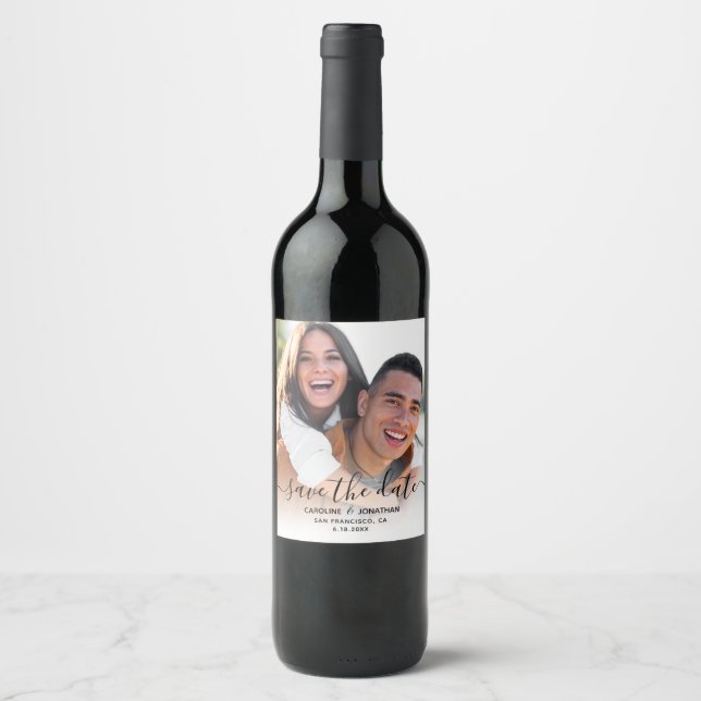 Wedding Save the Date Photo Script Calligraphy Wine Label (Front)