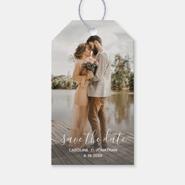 Wedding Save the Date Photo Simple Calligraphy Gift Tags (Front)