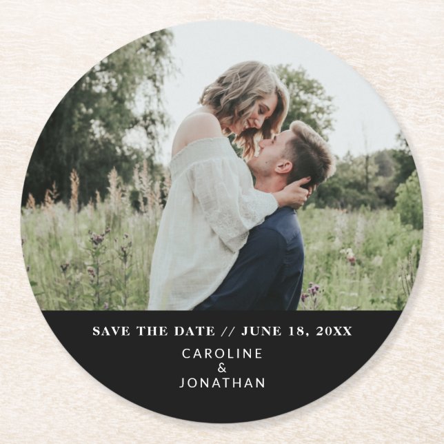 Wedding Save the Date Photo Simple Minimal Black Round Paper Coaster (Front)