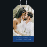 Wedding Save the Date Photo Simple Minimal Blue Gift Tags<br><div class="desc">Use this gift tag as a fun, unique save the date or attach it to a save the date favour/gift. Design features your photo and a white text set against a dark blue border. Add your names and date to the front and custom text to the back. Simple and classic...</div>