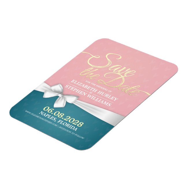 Wedding Save The Date Pink Blue Gold White Ribbon Magnet (Left Side)