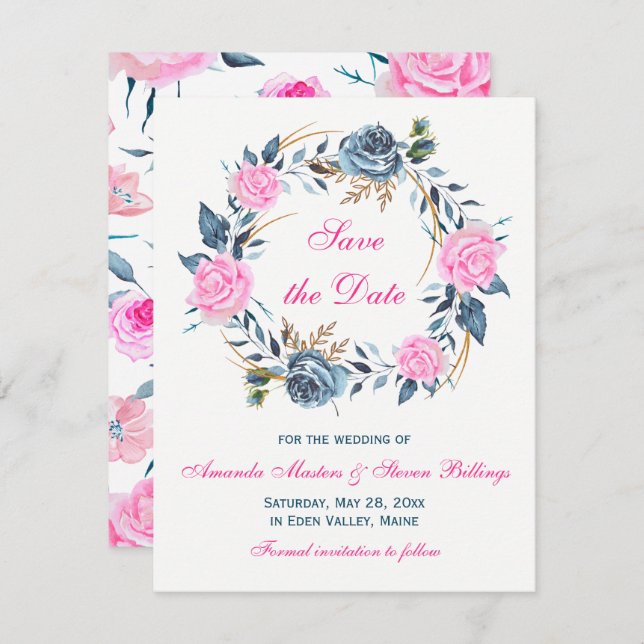 Wedding Save the Date - Pink, Blue Roses Invitation (Front/Back)