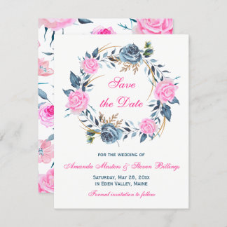 Wedding Save the Date - Pink, Blue Roses Invitation
