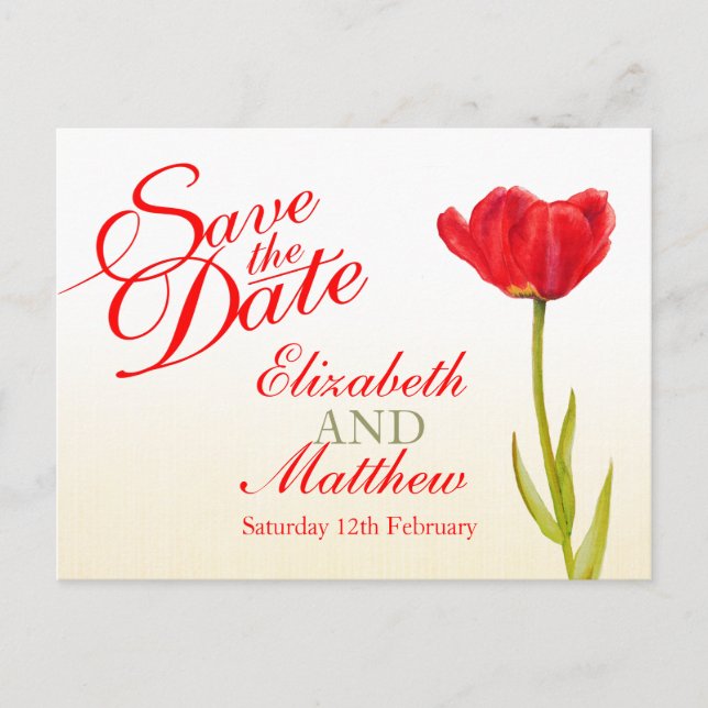 Wedding Save the Date Postcard red tulip art (Front)