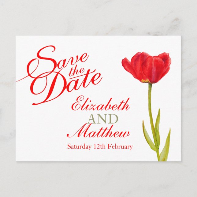Wedding Save the Date Postcard red tulip art (Front)