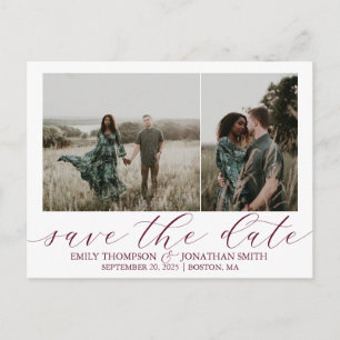 Wedding Save The Date Postcard Two Photos Burgundy