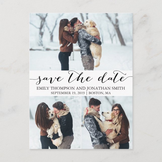 Wedding Save The Date Postcard with Three Pictures (Front)