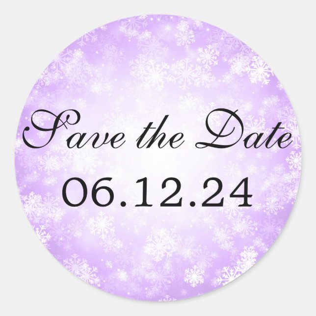 Wedding Save The Date Purple Winter Wonderland Classic Round Sticker (Front)