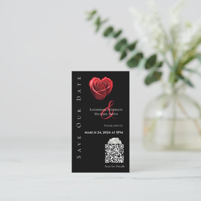 Wedding Save the Date-QR code-Heart Shaped Rose- Business Card (Standing Front)