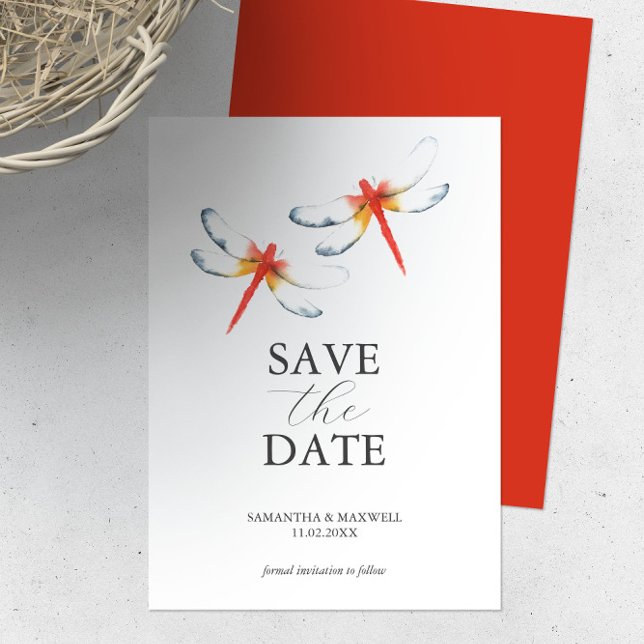 Wedding Save The Date Red Dragonfly (Wedding theme red dragonfly Save the date invitation Victoria Grigaliunas Florida watercolor artist)