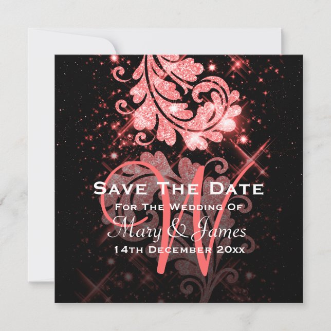 Wedding Save The Date Red Glitter Floral Swirl (Front)